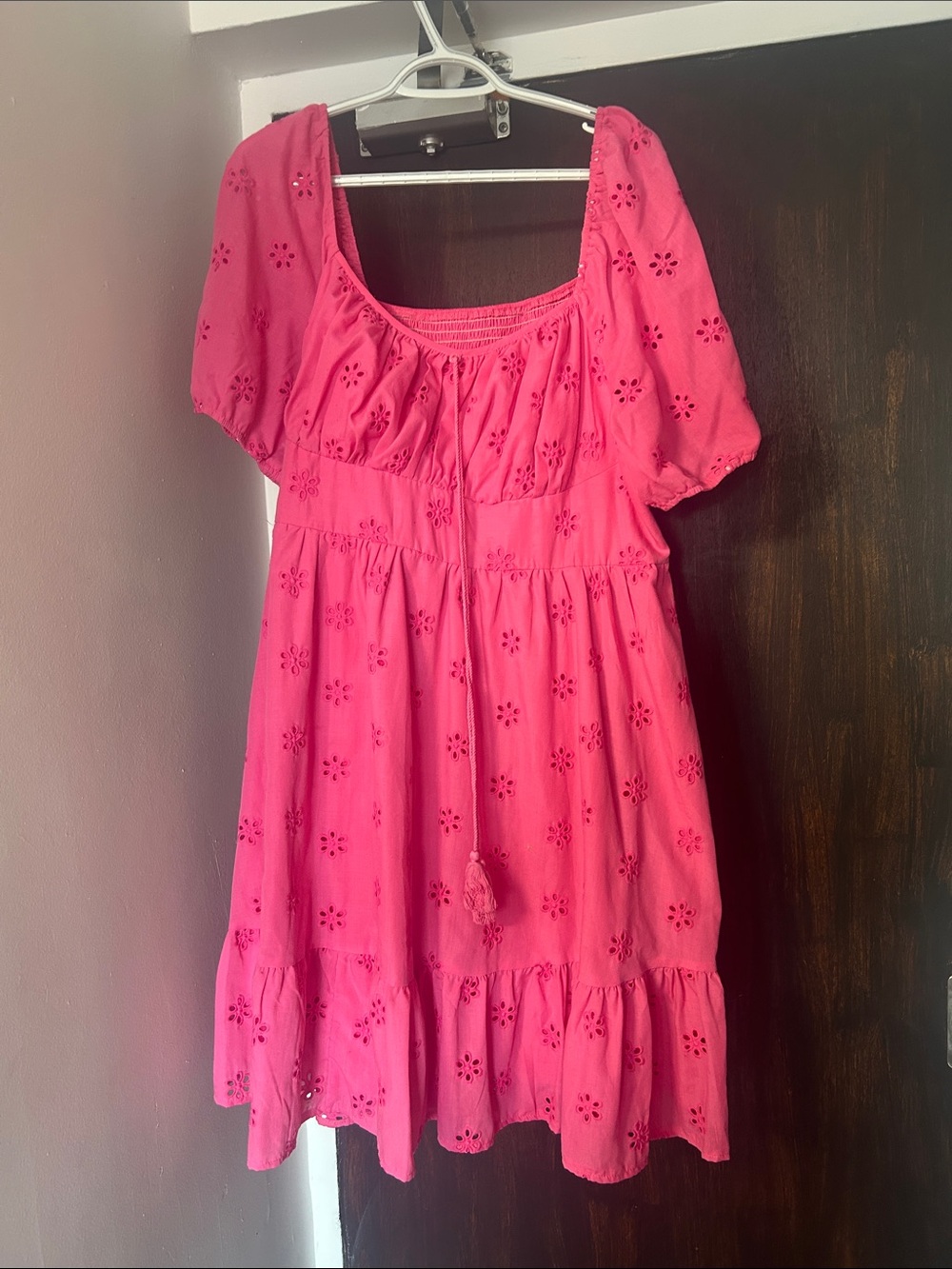 Eyelet Tie-Front Midi Dress in Hot Pink
